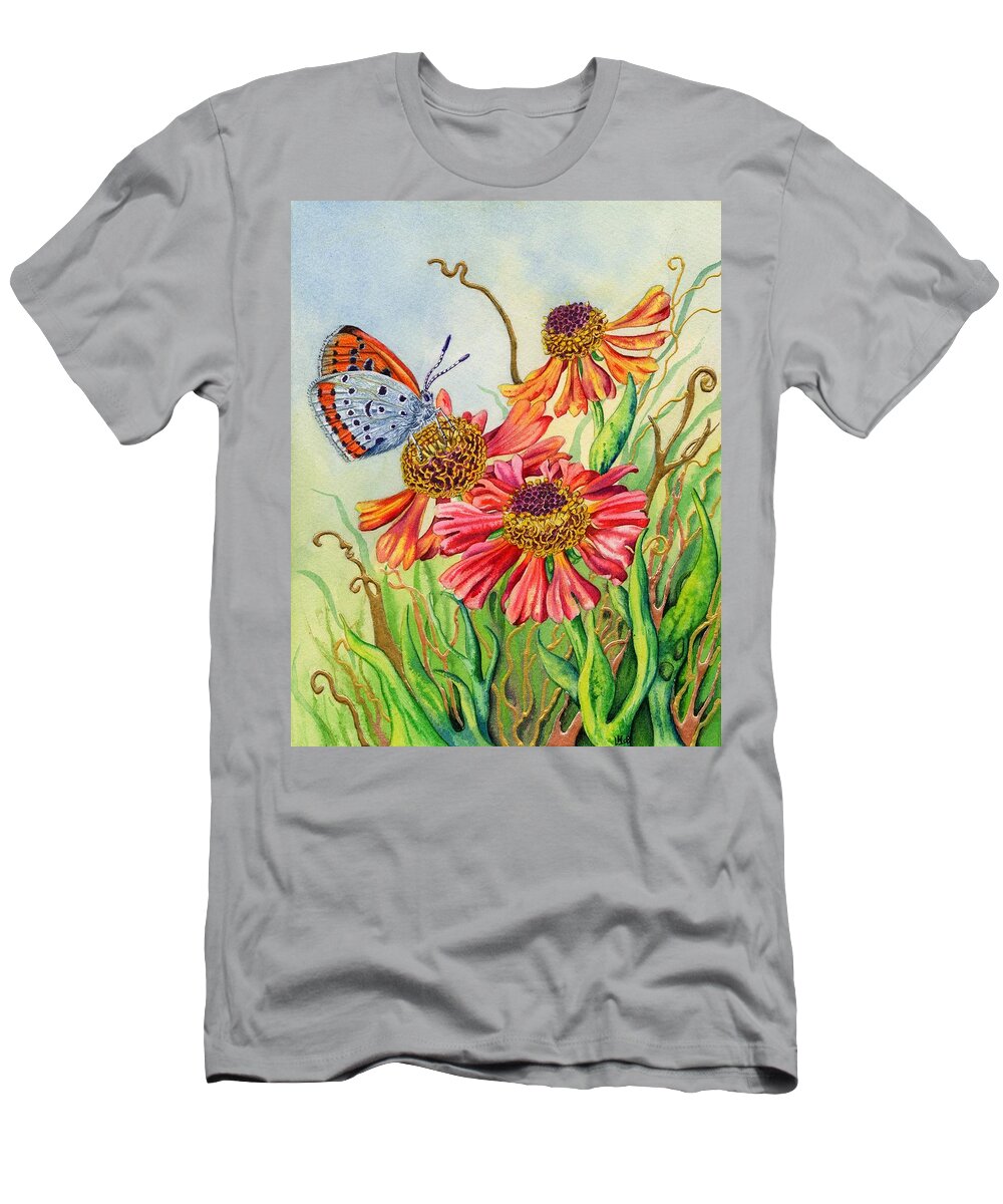 Butterfly T-Shirt featuring the painting Helenium and Large Copper Butterfly by Lynne Henderson