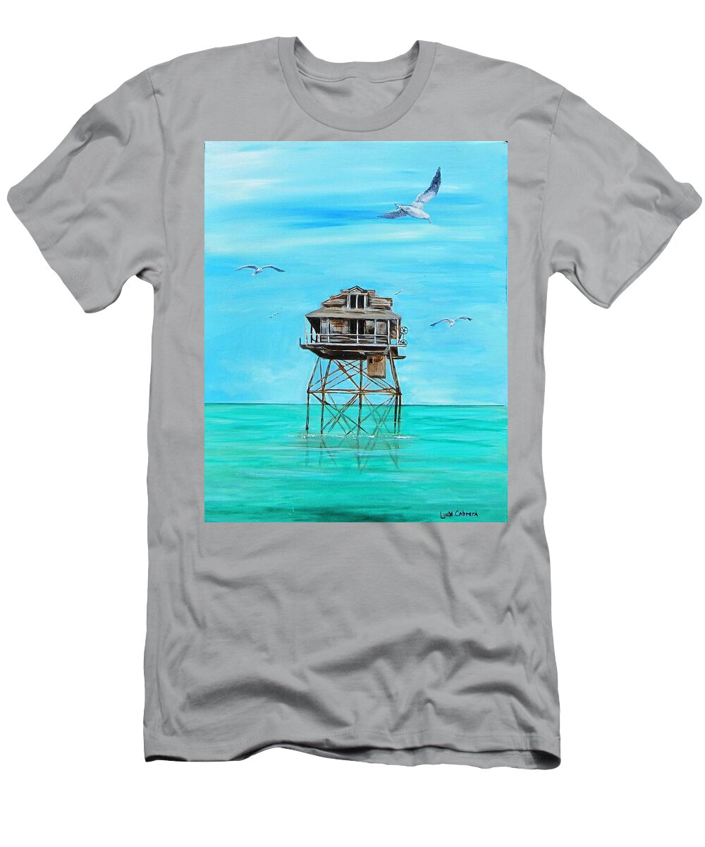 Ernest Hemingway T-Shirt featuring the painting Hemingway Stilt House by Linda Cabrera