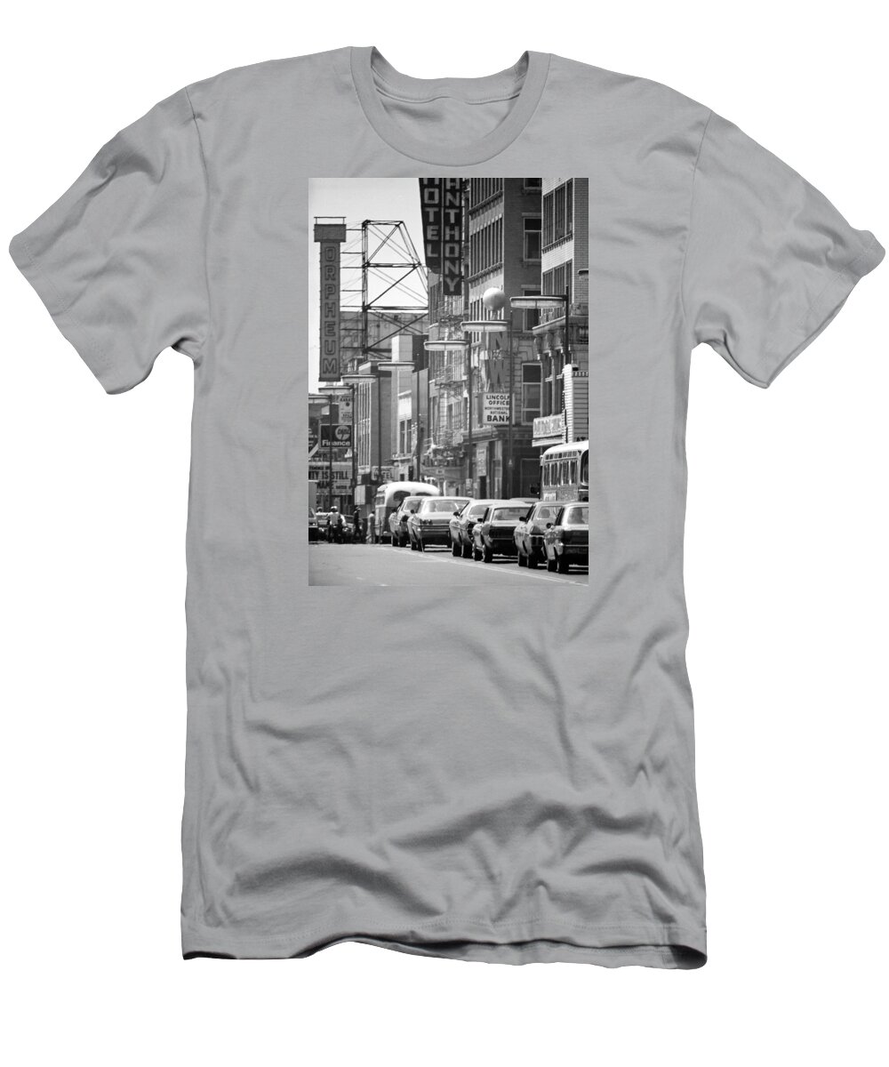 Book Work T-Shirt featuring the photograph Hennepin and the Orpheum by Mike Evangelist