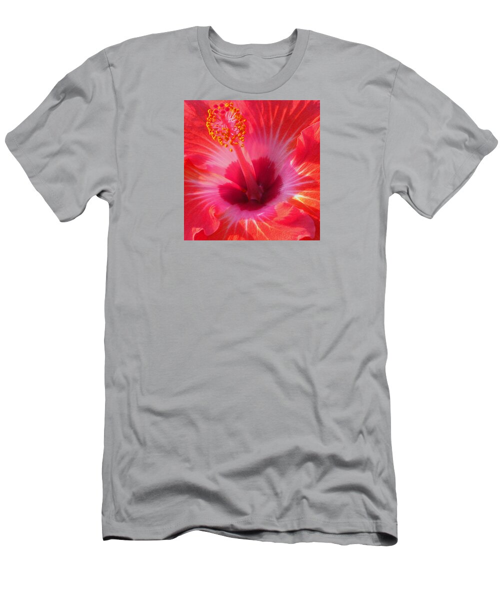 Hibiscus T-Shirt featuring the photograph Hibiscus - Coral and Pink square by Kerri Ligatich