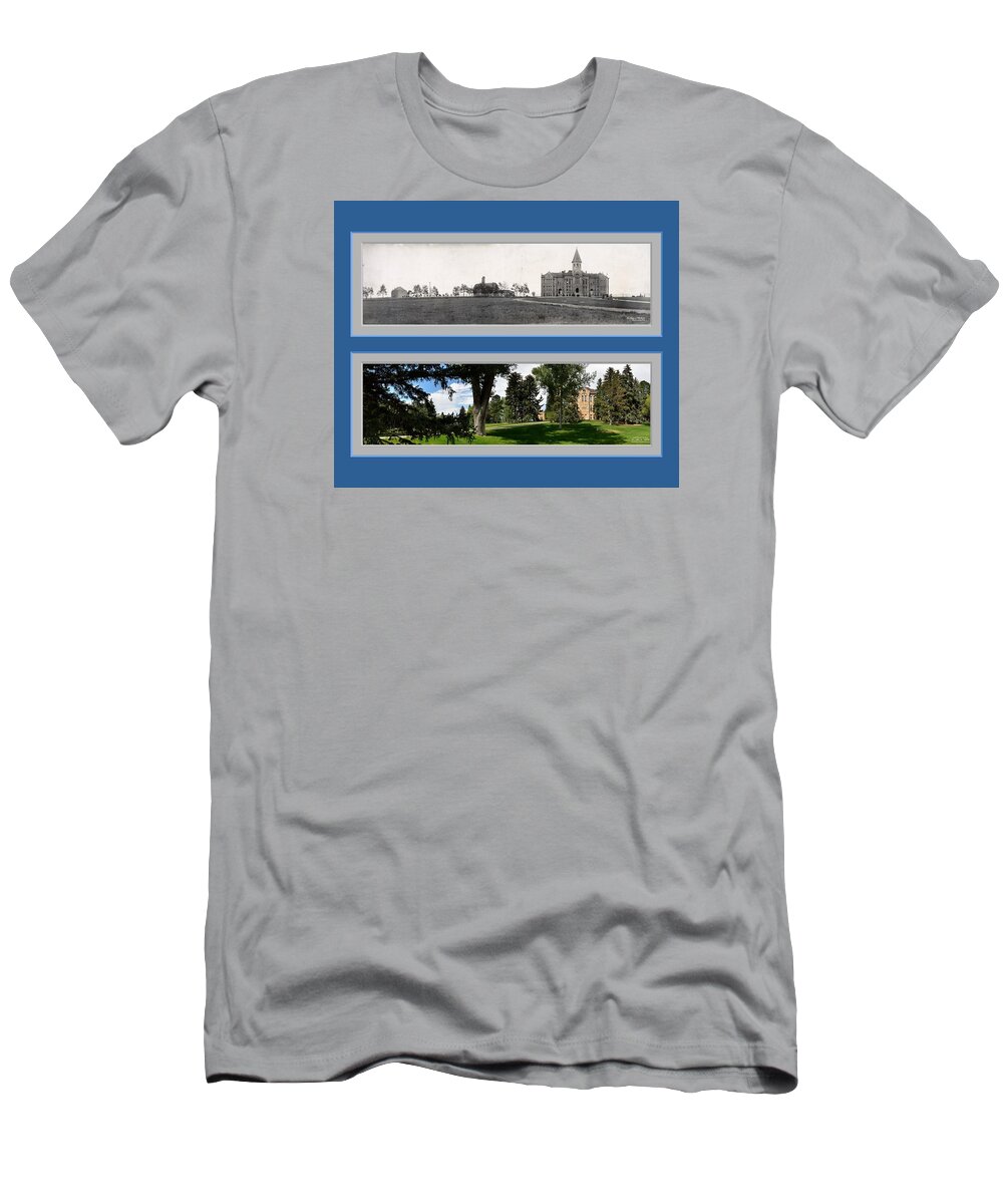 Historic Panorama Panoramic Reproduction Old New Now Then University Of Wy Wyo Wyoming Laramie T-Shirt featuring the photograph Historic University of Wyoming Panoramic Reproduction Laramie by Ken DePue