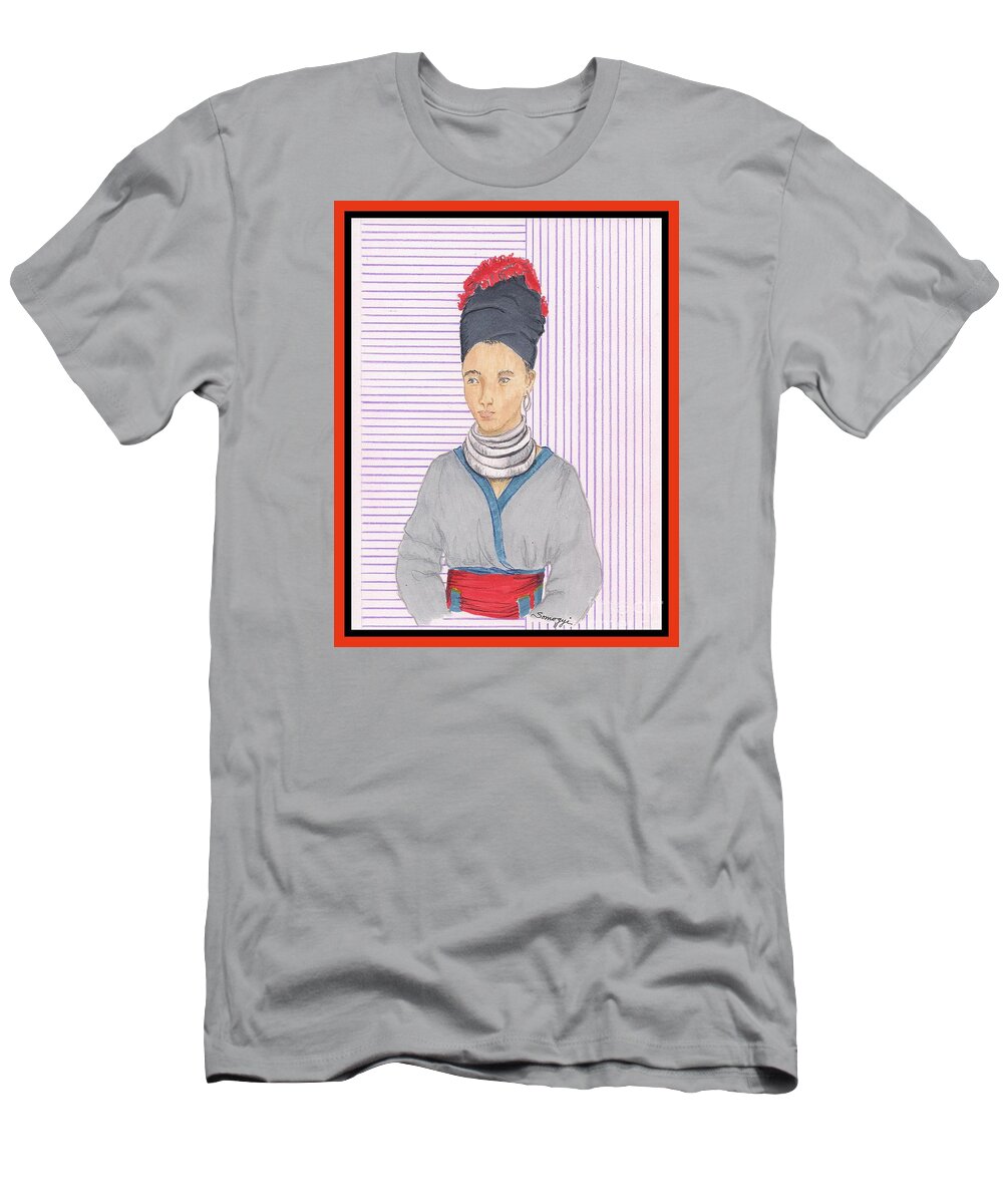 Laos T-Shirt featuring the drawing Hmong Woman in 1960 -- Portrait of Asian Woman by Jayne Somogy