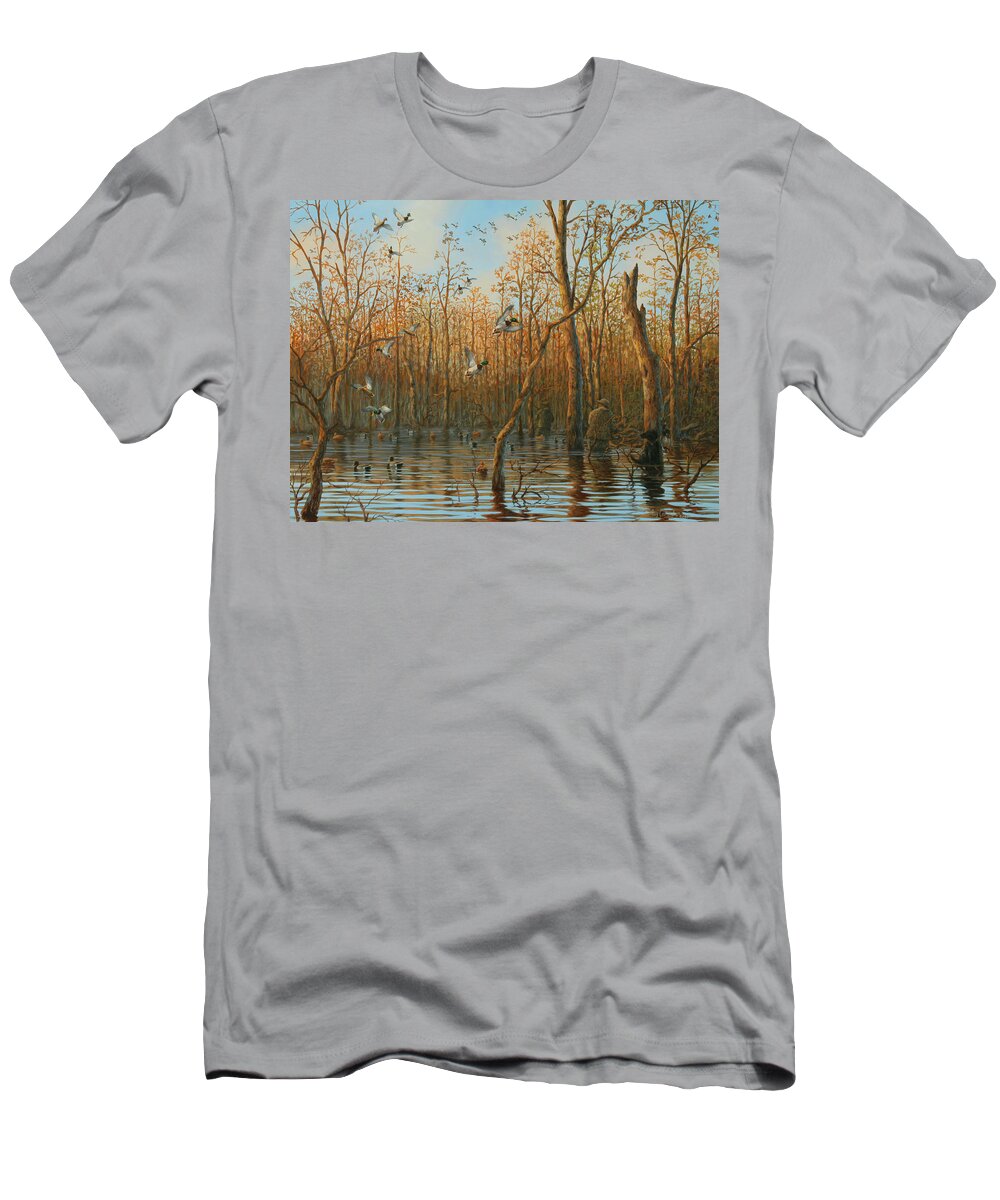 Mallards T-Shirt featuring the painting Honey Hole by Guy Crittenden