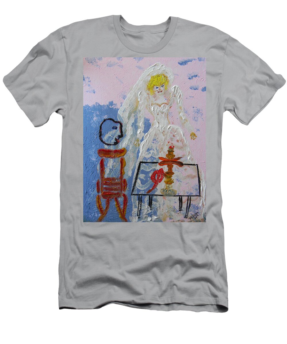 Bride T-Shirt featuring the painting Hookah and the Bride by Marwan George Khoury