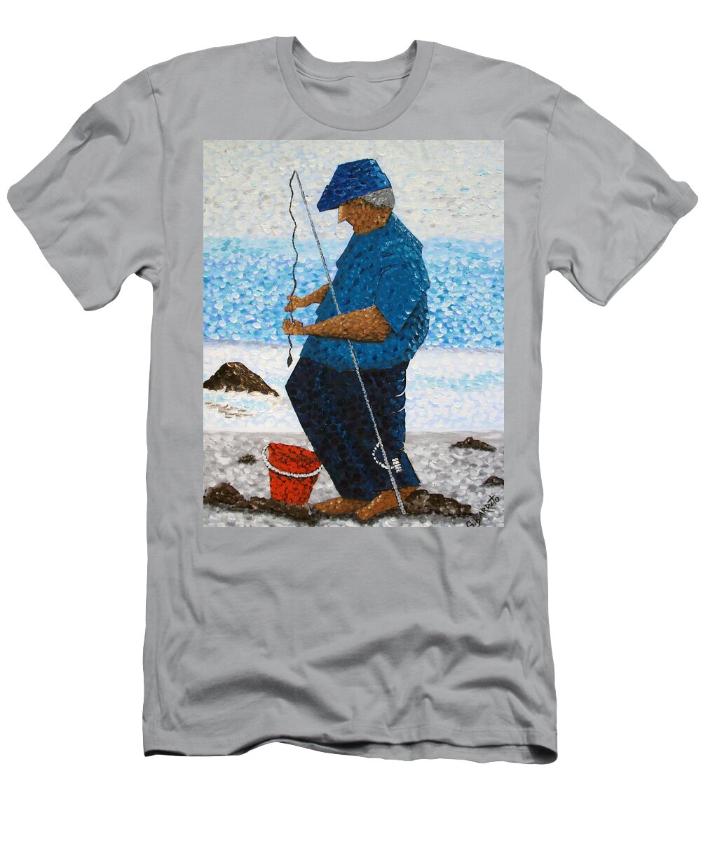 Fishermen T-Shirt featuring the painting Hooked by Gloria E Barreto-Rodriguez