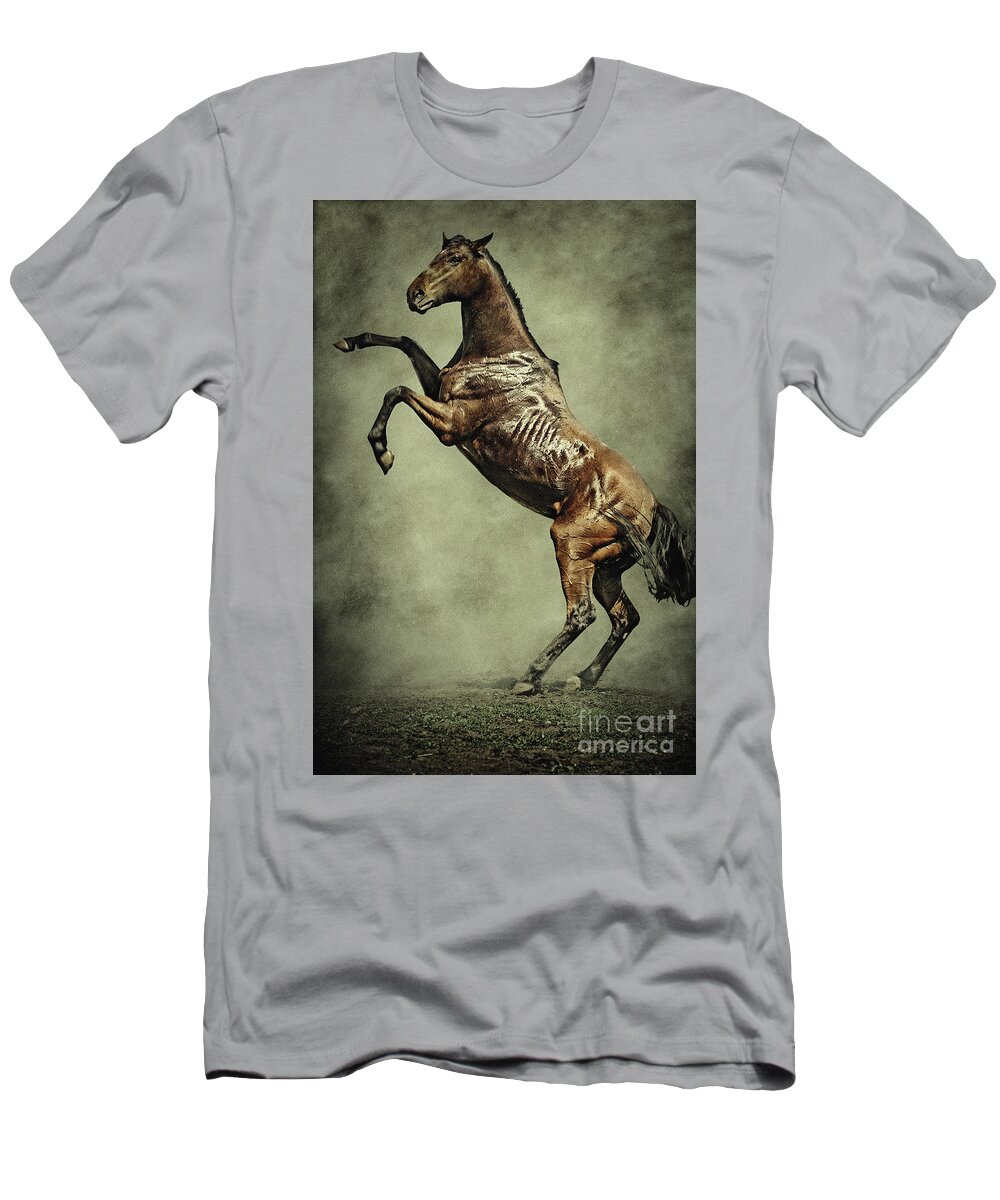 Horse T-Shirt featuring the digital art Horse rearing up on dust background by Dimitar Hristov