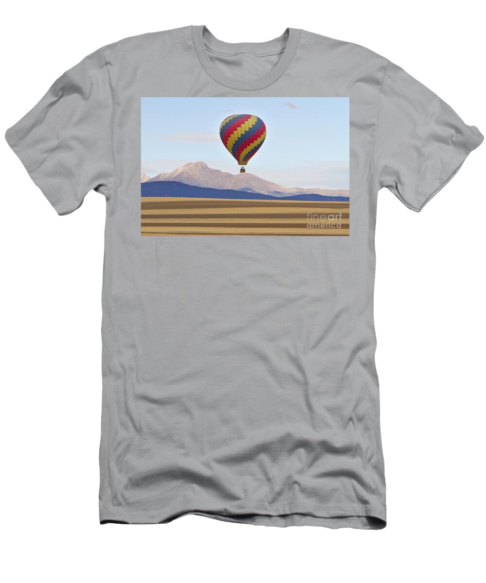 'hot Air Balloon' T-Shirt featuring the photograph Hot Air Balloon and Longs Peak by James BO Insogna