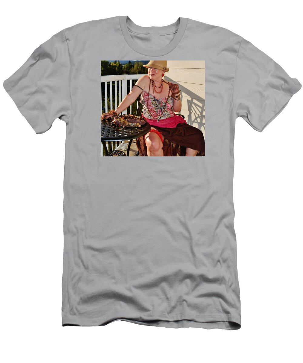 Portrait T-Shirt featuring the photograph Hot Flapper on Balcony by VLee Watson
