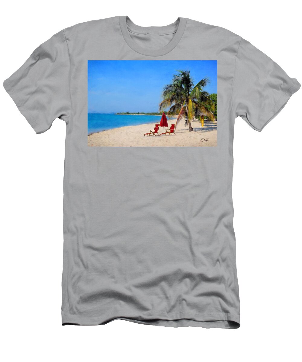 Beach Scene T-Shirt featuring the mixed media Hot Fun in the Summertime by Colleen Taylor