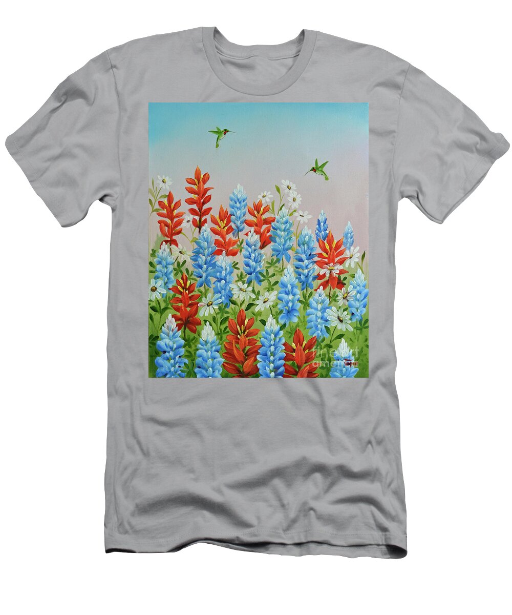 Humming Birds T-Shirt featuring the painting Humming Birds Feeding on Wildflowers by Jimmie Bartlett