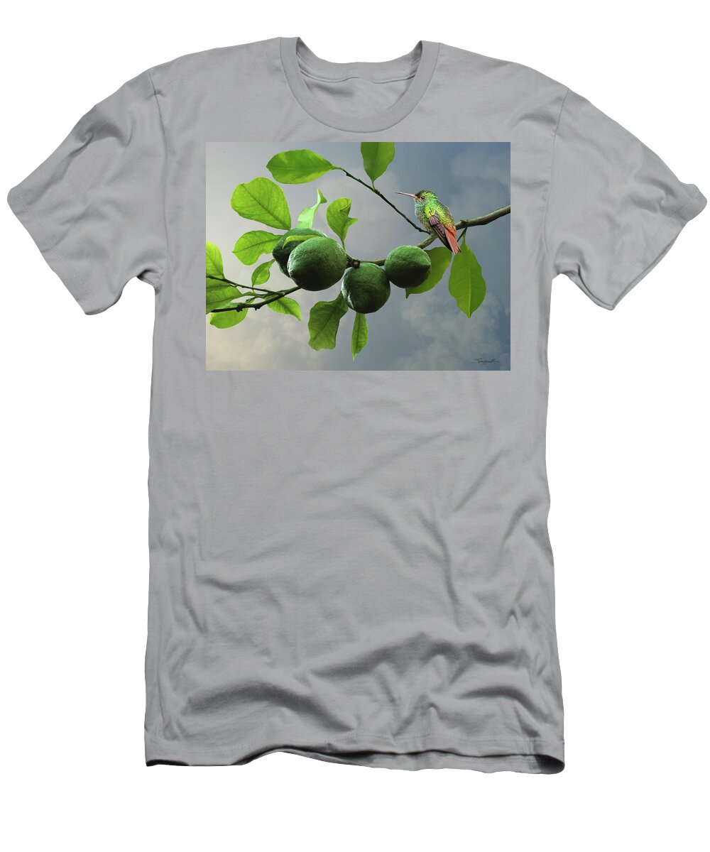 Fruit T-Shirt featuring the digital art Hummingbird in LIme Tree by M Spadecaller