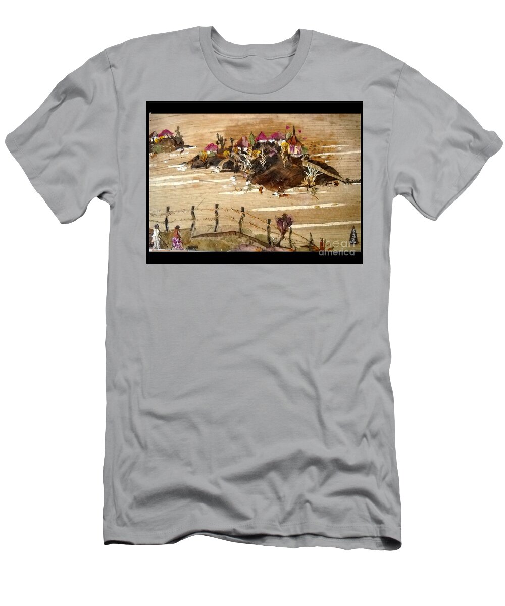 Temples On Huts T-Shirt featuring the mixed media Huts and Temples on Hills by Basant Soni