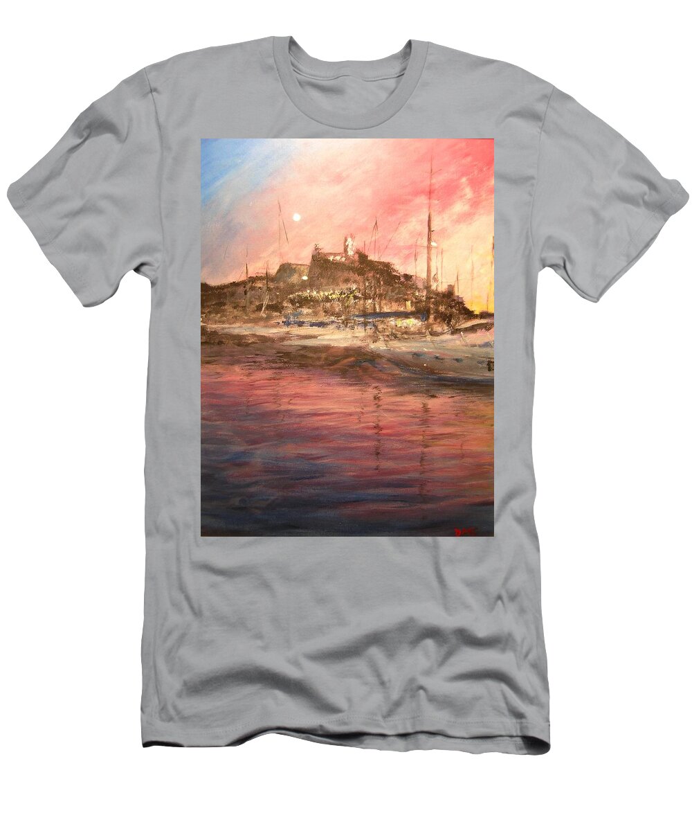 Yachts T-Shirt featuring the painting Ibiza Old Town At Sunset by Lizzy Forrester
