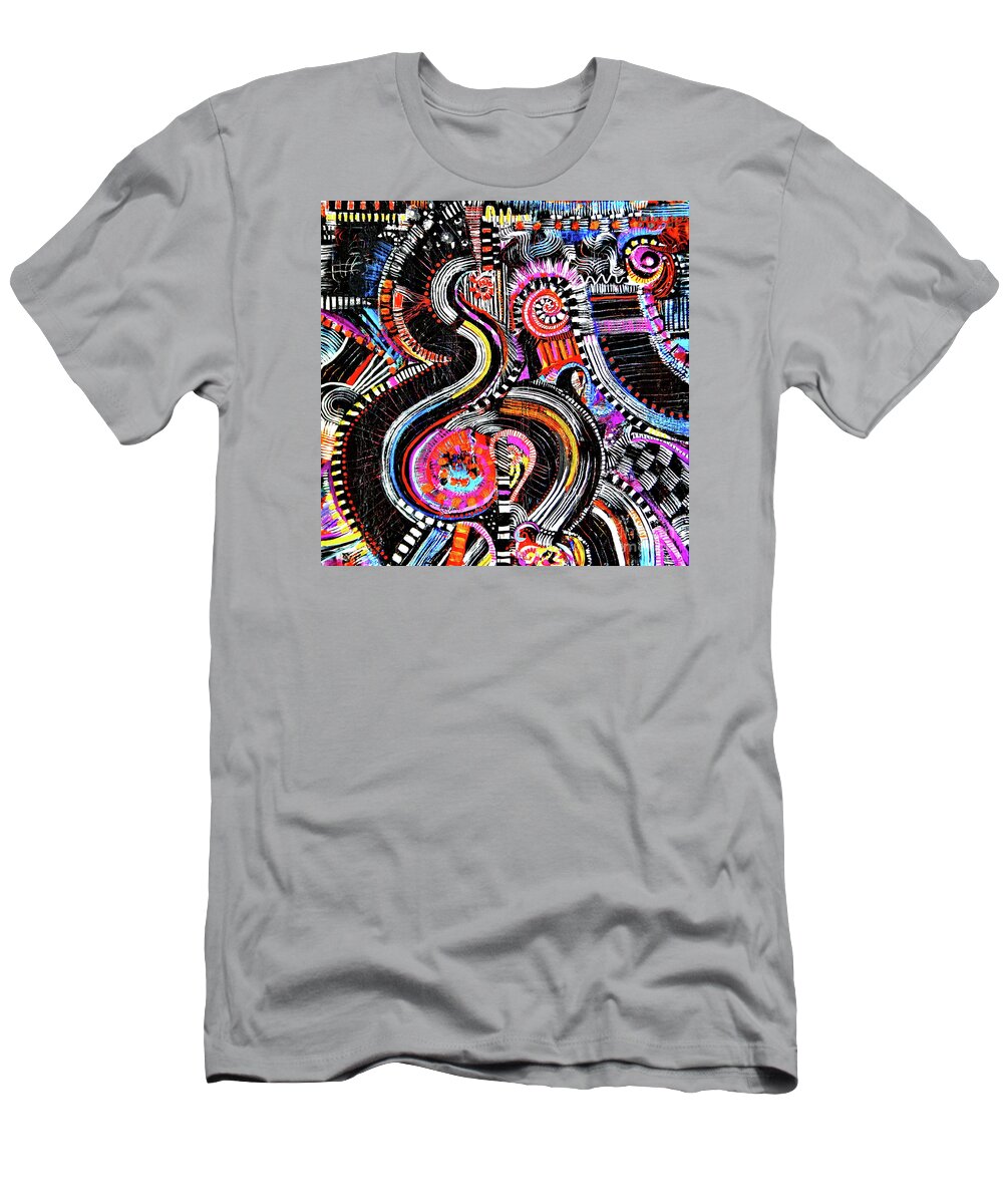 Channeling My Inner Aboriginal Artist .this Amusement Park Ride Of An Abstract Grabs Your Attention As Your Brain Attempts To Make Sense Of What It Sees .give Up Now .its All Just For Fun .black Dominate Hot Colors Accent Throughout. T-Shirt featuring the painting I'll cross that bridge when i come to it by Priscilla Batzell Expressionist Art Studio Gallery