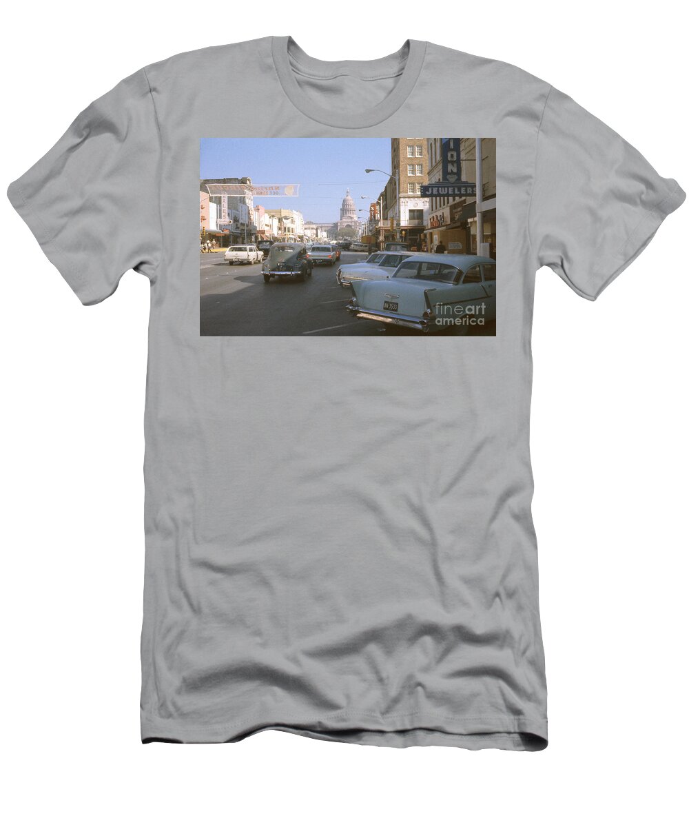 Austin T-Shirt featuring the photograph A historical 1965 photo antique automobiles fill the downtown Austin streets of Congress Avenue by Dan Herron
