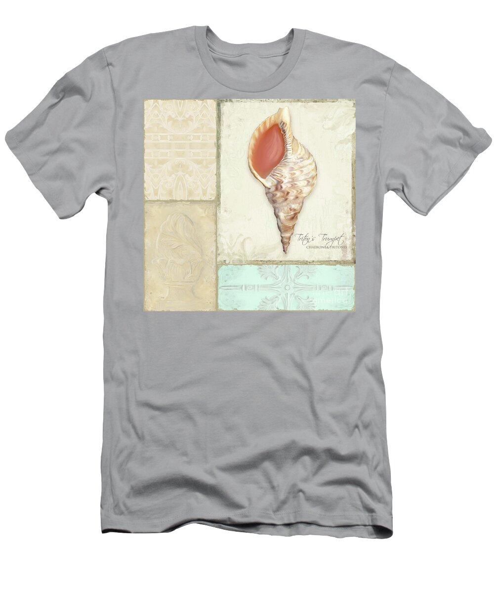 Tritons Trumpet T-Shirt featuring the painting Inspired Coast Collage - Triton's Trumpet Shell w Vintage Tile by Audrey Jeanne Roberts