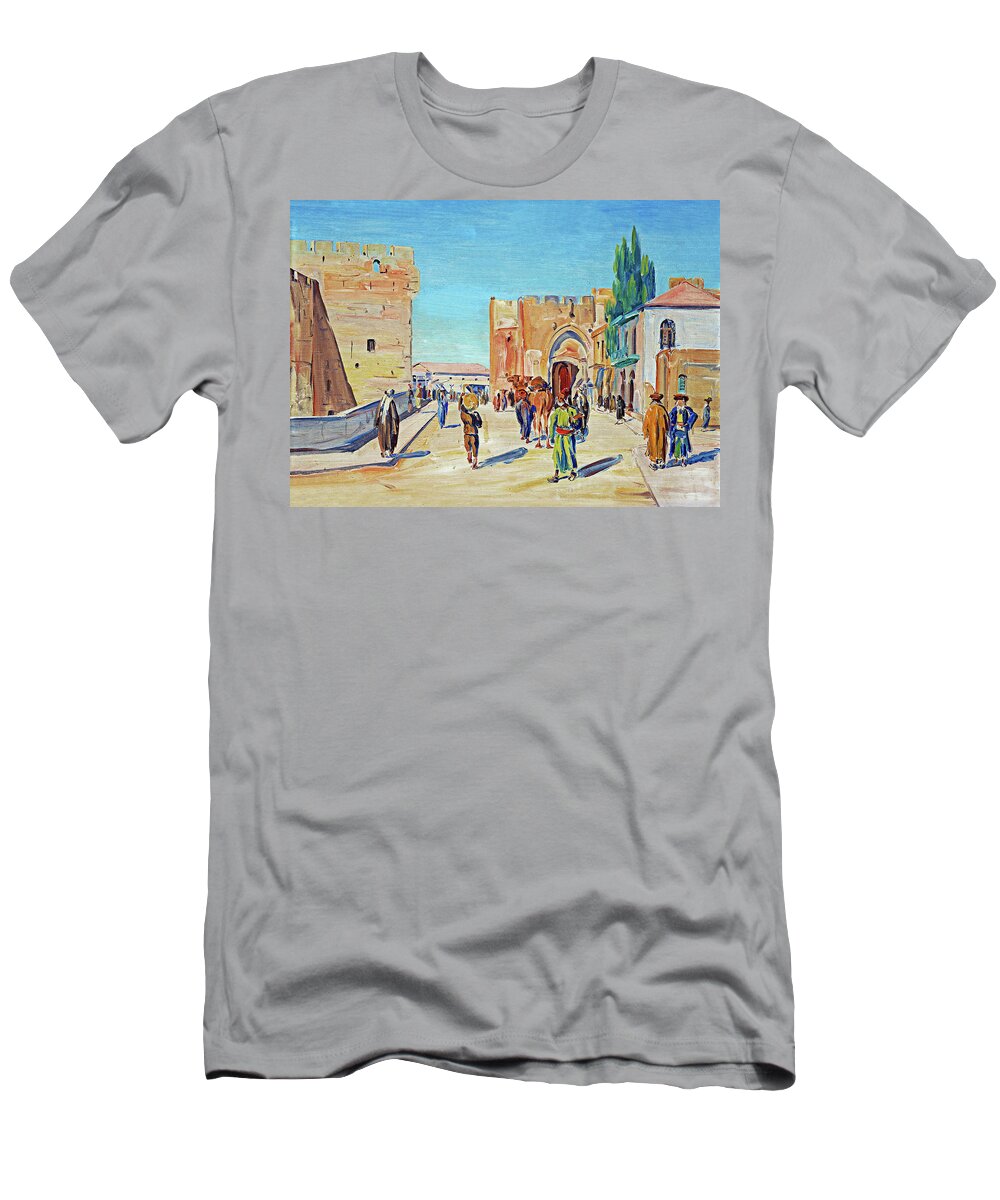 Jerusalem T-Shirt featuring the painting Jaffa Gate Painting 1926 by Munir Alawi