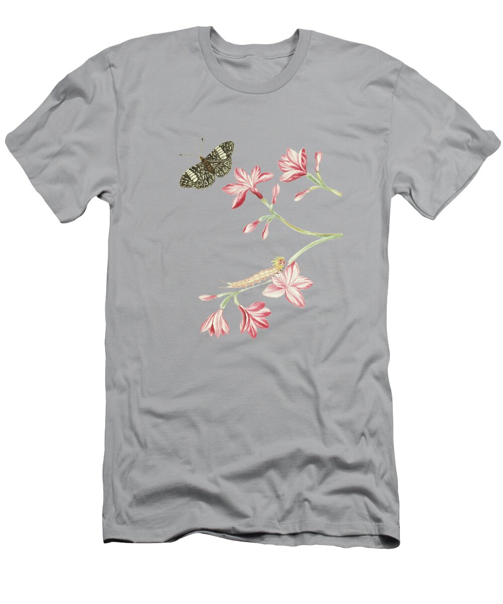 Jasmine T-Shirt featuring the mixed media Jasmine Shrub With Red Flowers Caterpillar And Butterfly by Cornelis Markee 1763 by Movie Poster Prints