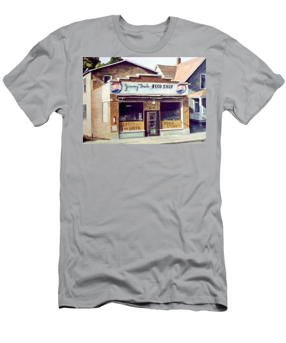 Small Town T-Shirt featuring the painting Jimmy The Greek by William Brody