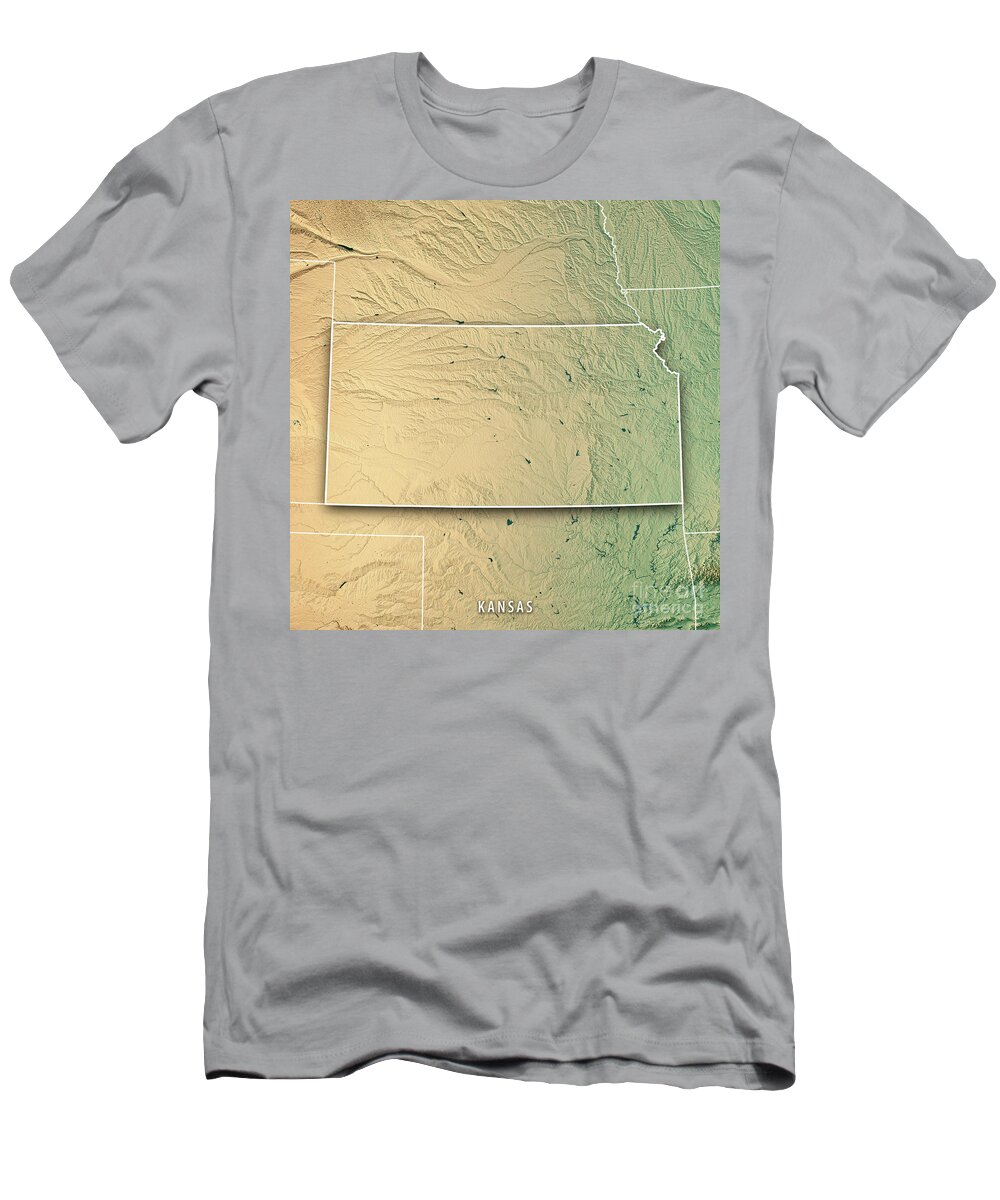 Kansas T-Shirt featuring the digital art Kansas State USA 3D Render Topographic Map Border by Frank Ramspott