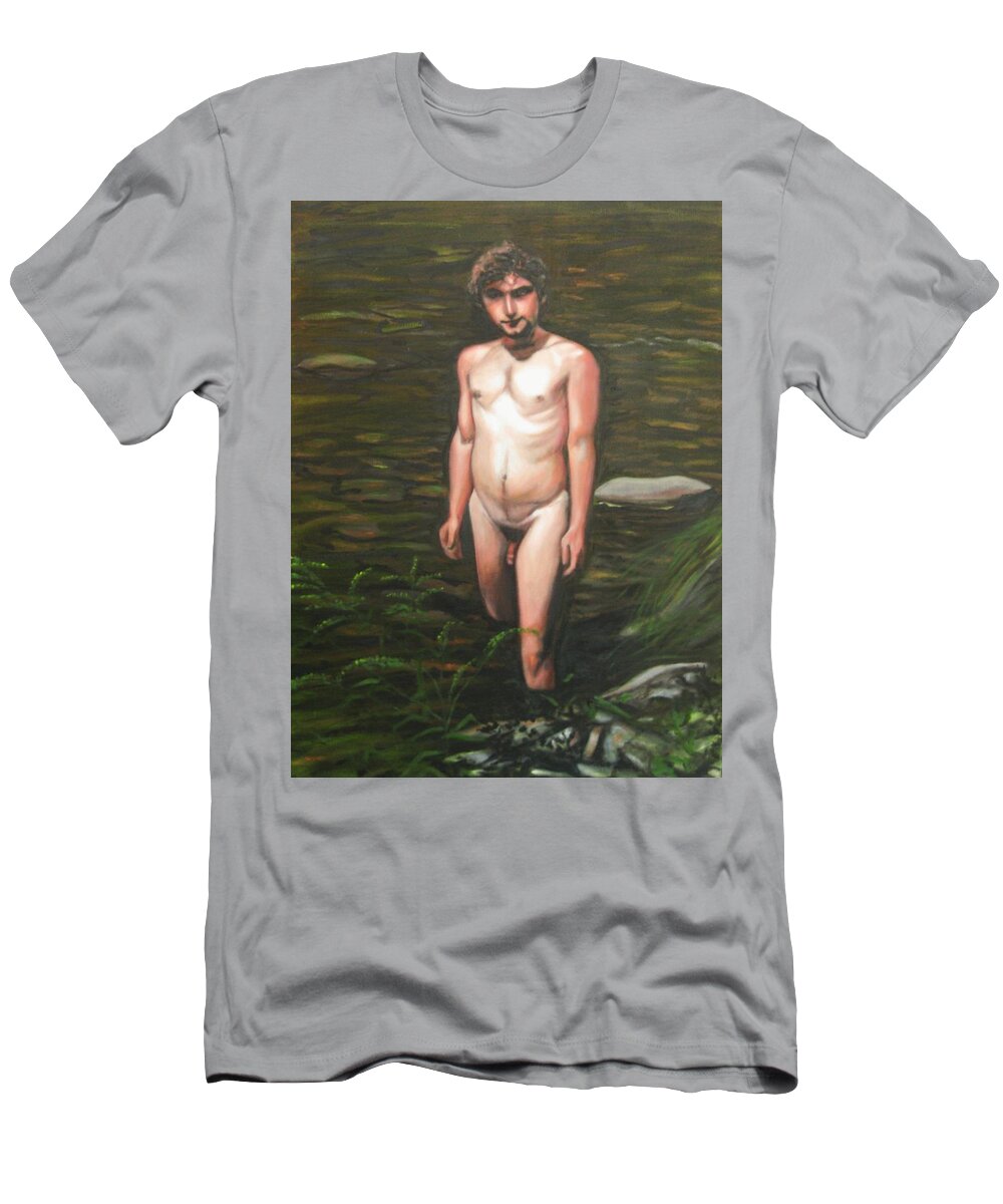 Male Nudes T-Shirt featuring the painting Kline wading in the River by Pacifico Palumbo