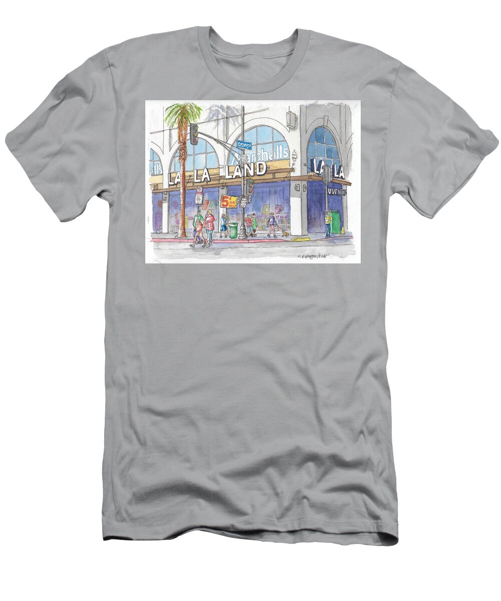 La La Land T-Shirt featuring the painting La La Land and Marshalls Stores in Hollywood Blvd., Hollywood, California by Carlos G Groppa