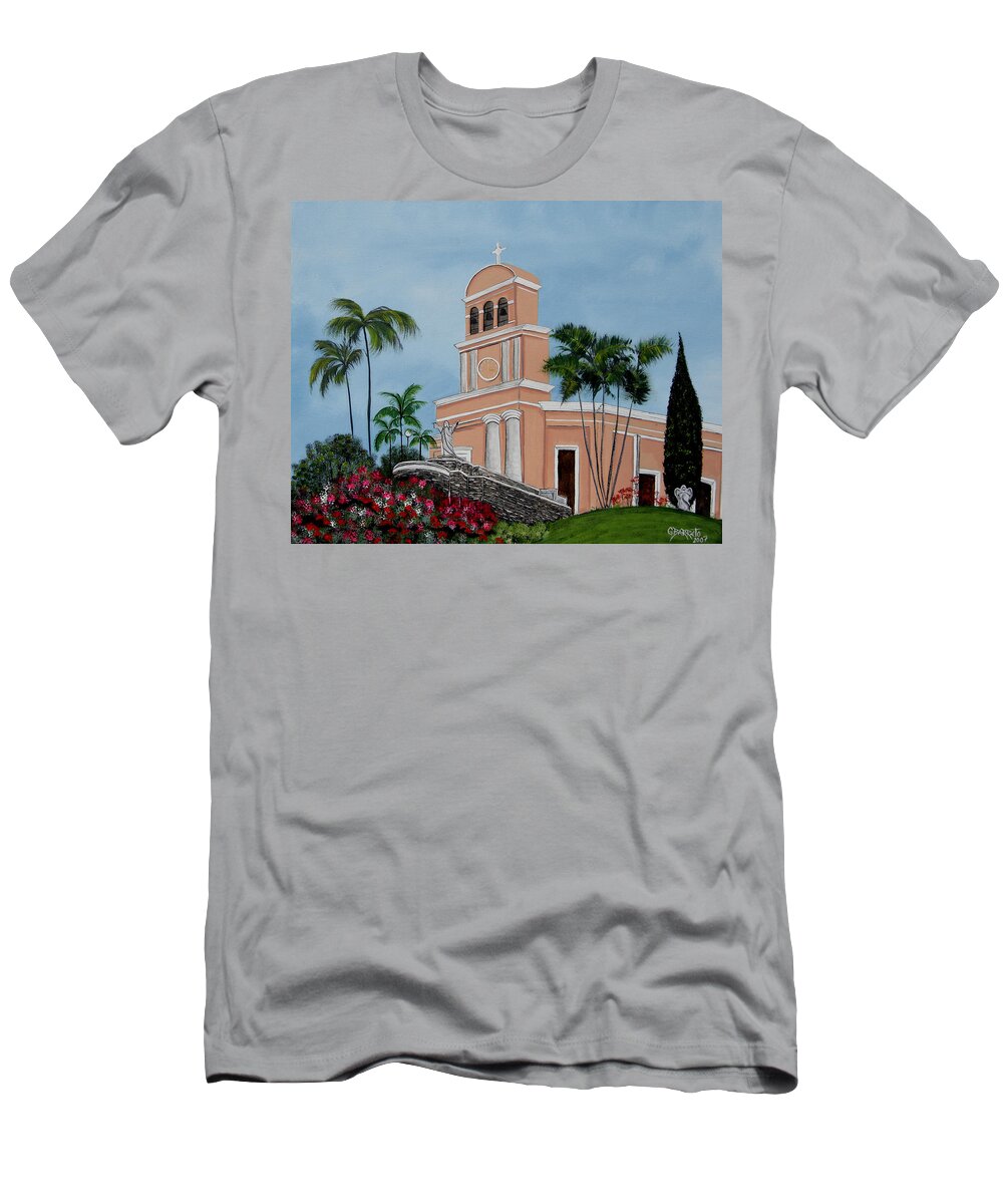 Church T-Shirt featuring the painting La Monserrate by Gloria E Barreto-Rodriguez