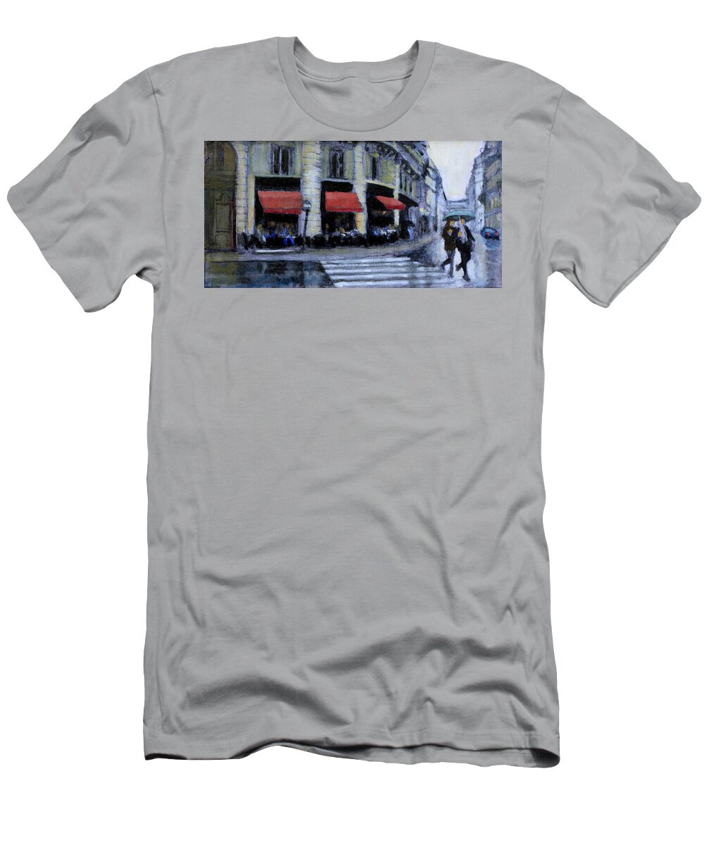 Rainy Paris Street Scene T-Shirt featuring the painting La Parisienne by David Zimmerman