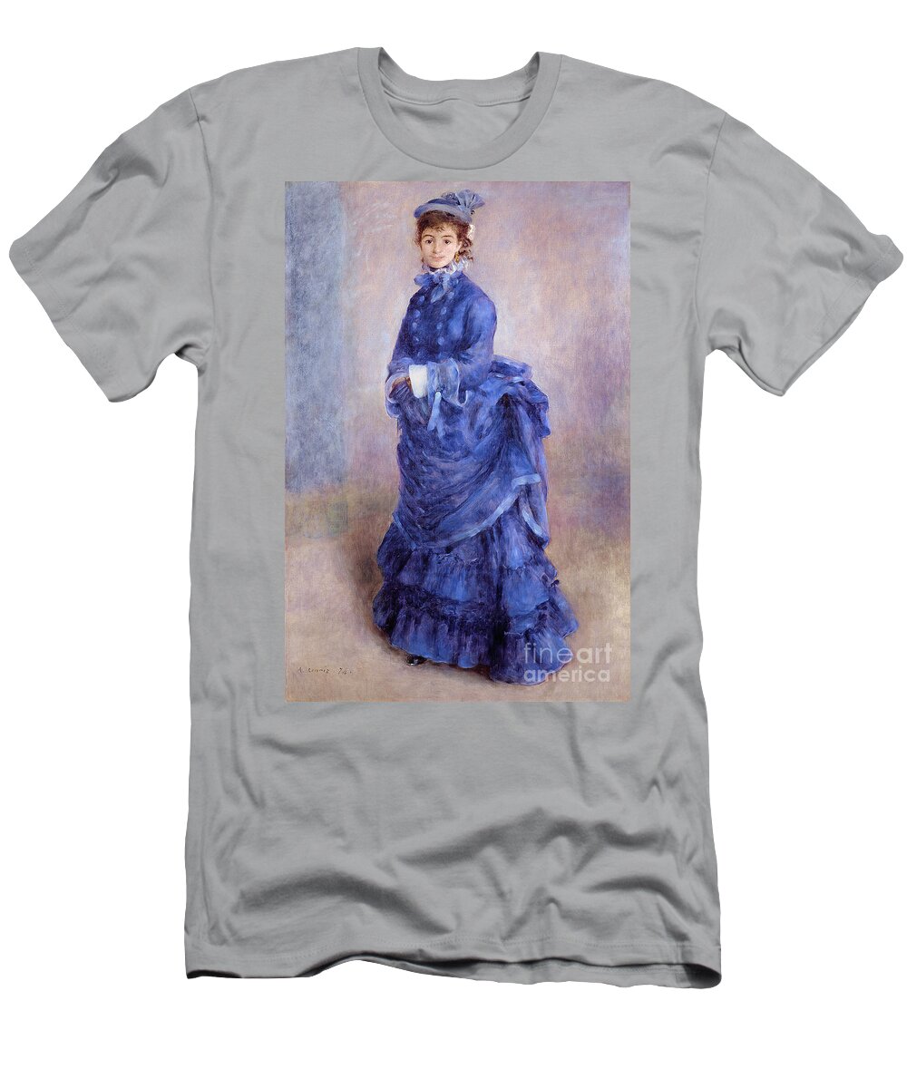 Female; Portrait; Impressionist; Full Length; Bonnet; Hat; Purple Dress; Bustle; Parisian; French; Dame; Bleu T-Shirt featuring the painting La Parisienne The Blue Lady by Pierre Auguste Renoir