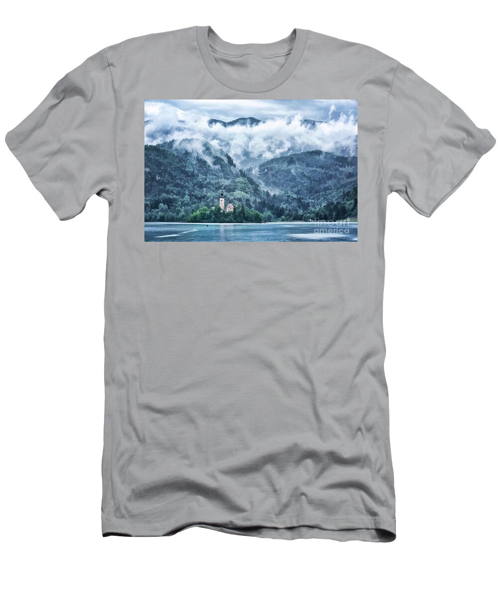 Painterly T-Shirt featuring the photograph Lake Bled in Clouds by Norman Gabitzsch