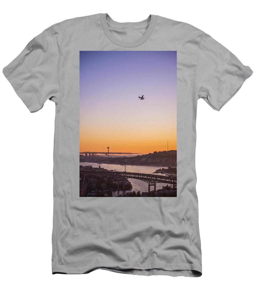 Air Traffic T-Shirt featuring the photograph Lake Union Landing by Pelo Blanco Photo