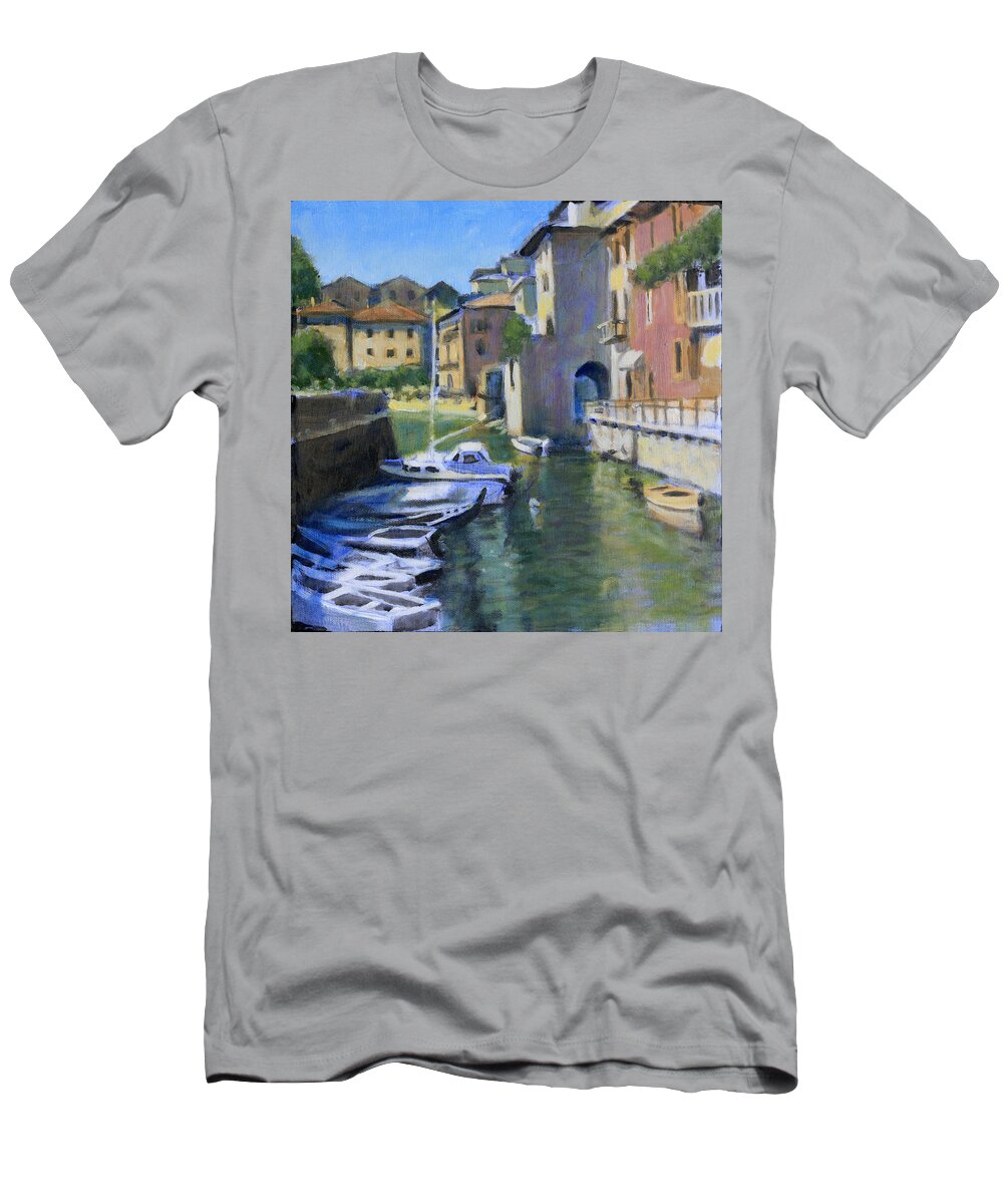 Boats T-Shirt featuring the painting Lakeside Harbor by David Zimmerman