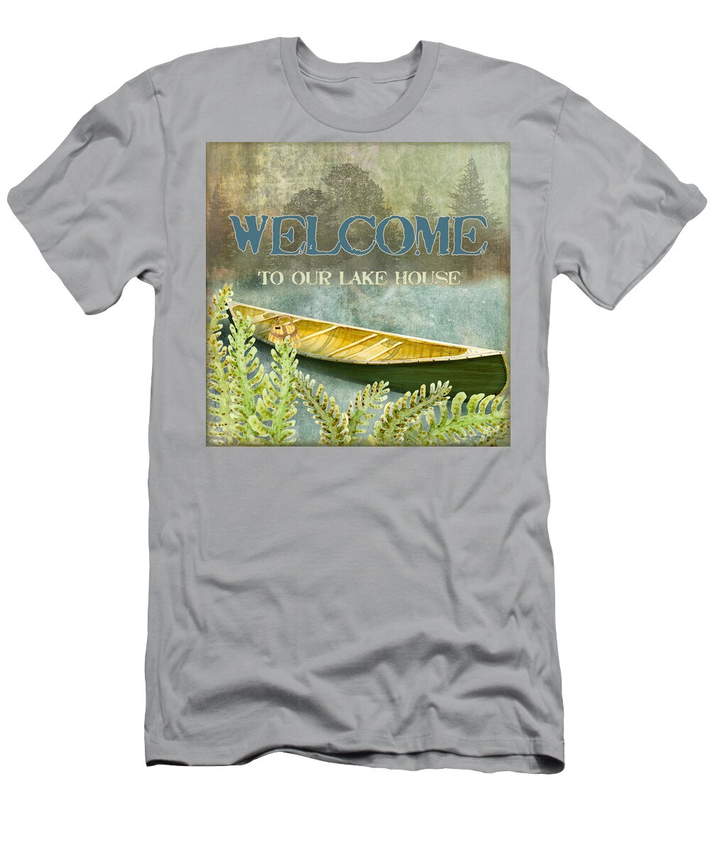 Welcome T-Shirt featuring the painting Lakeside Lodge - Welcome Sign by Audrey Jeanne Roberts