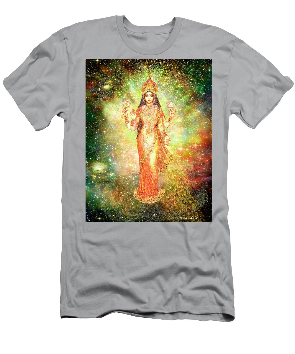 Goddess Painting T-Shirt featuring the mixed media Lakshmi in a Galaxy by Ananda Vdovic