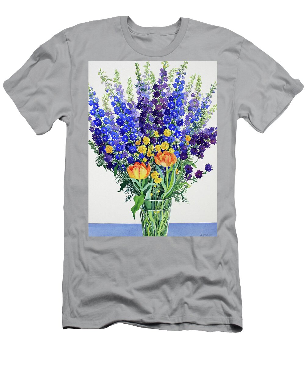 Larkspur And Delphiniums T-Shirt featuring the painting Larkspur and Delphiniums by Christopher Ryland
