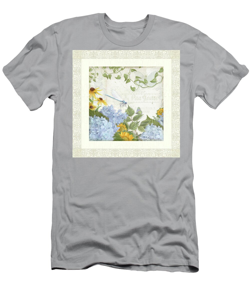 Le Petit Jardin T-Shirt featuring the painting Le Petit Jardin 2 - Garden Floral W Dragonfly, Butterfly, Daisies And Blue Hydrangeas w Border by Audrey Jeanne Roberts