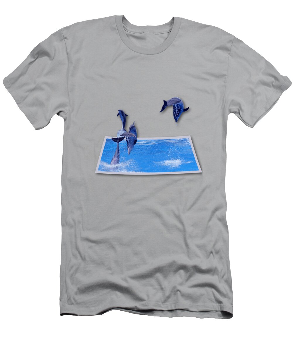 Out Of Frame T-Shirt featuring the photograph Leaping Dolphins by Roger Wedegis
