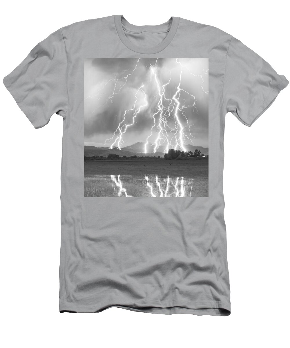 Foothills T-Shirt featuring the photograph Lightning Striking Longs Peak Foothills 4CBW by James BO Insogna
