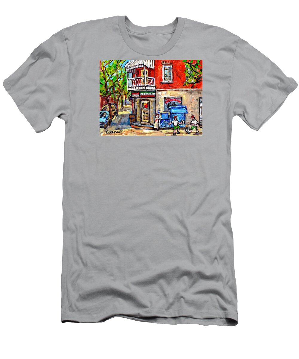 Montreal T-Shirt featuring the painting Little Italy Soccer Kids Paintings Depanneur Rue Dante Petite Italie Montreal Best Canadian Art by Carole Spandau
