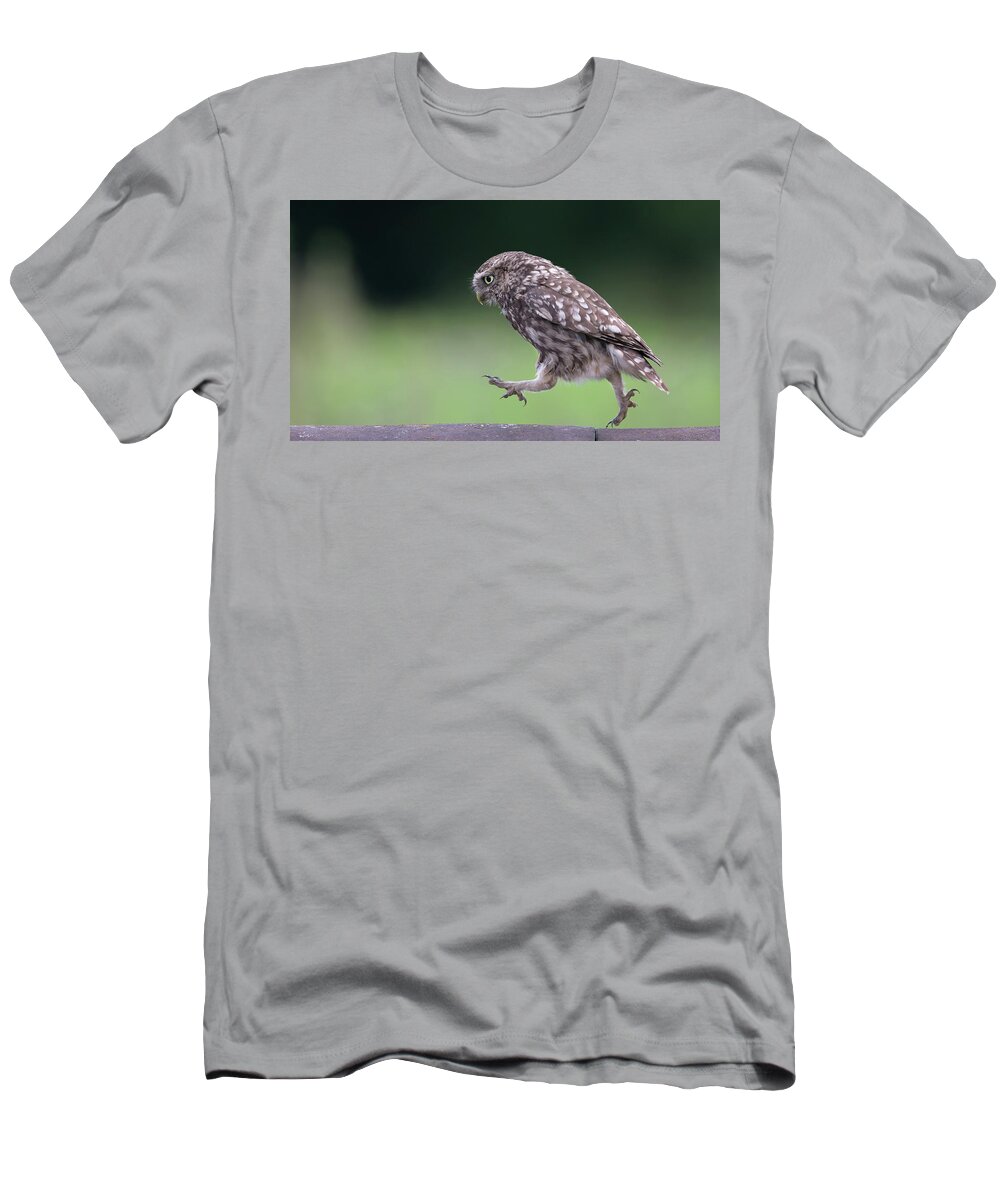 Little T-Shirt featuring the photograph Little Owl Running Along Ridge Tiles by Pete Walkden