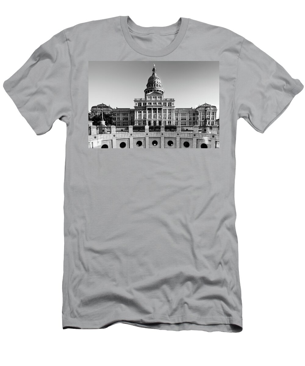 America T-Shirt featuring the photograph Lone Star State Capitol Building Black and White - Austin Texas by Gregory Ballos