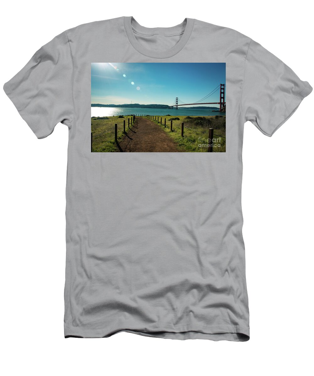 Bridge T-Shirt featuring the photograph Lonely path with the golden gate bridge in the background by Amanda Mohler