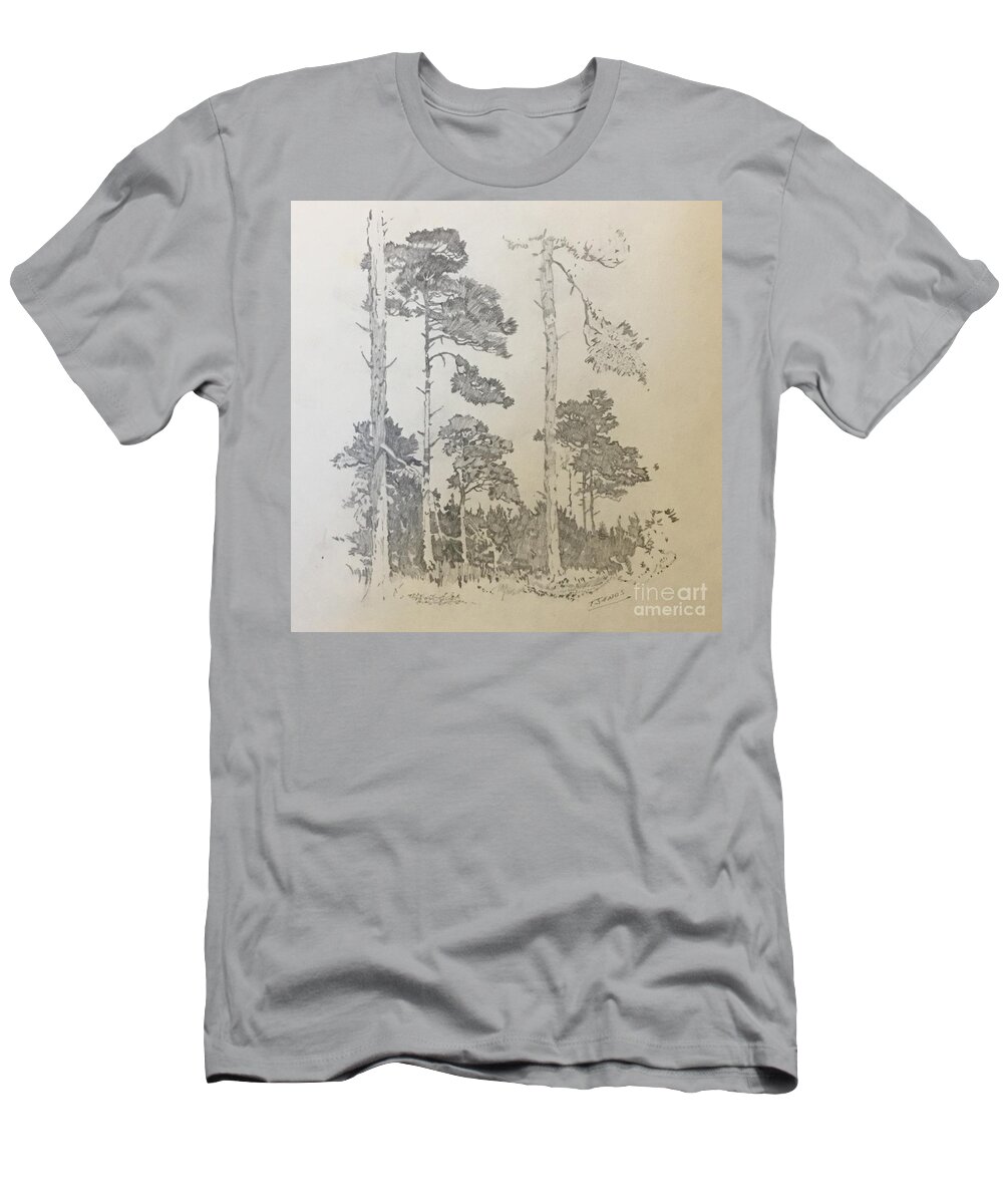 Woods T-Shirt featuring the drawing Lonely Pines by Thomas Janos