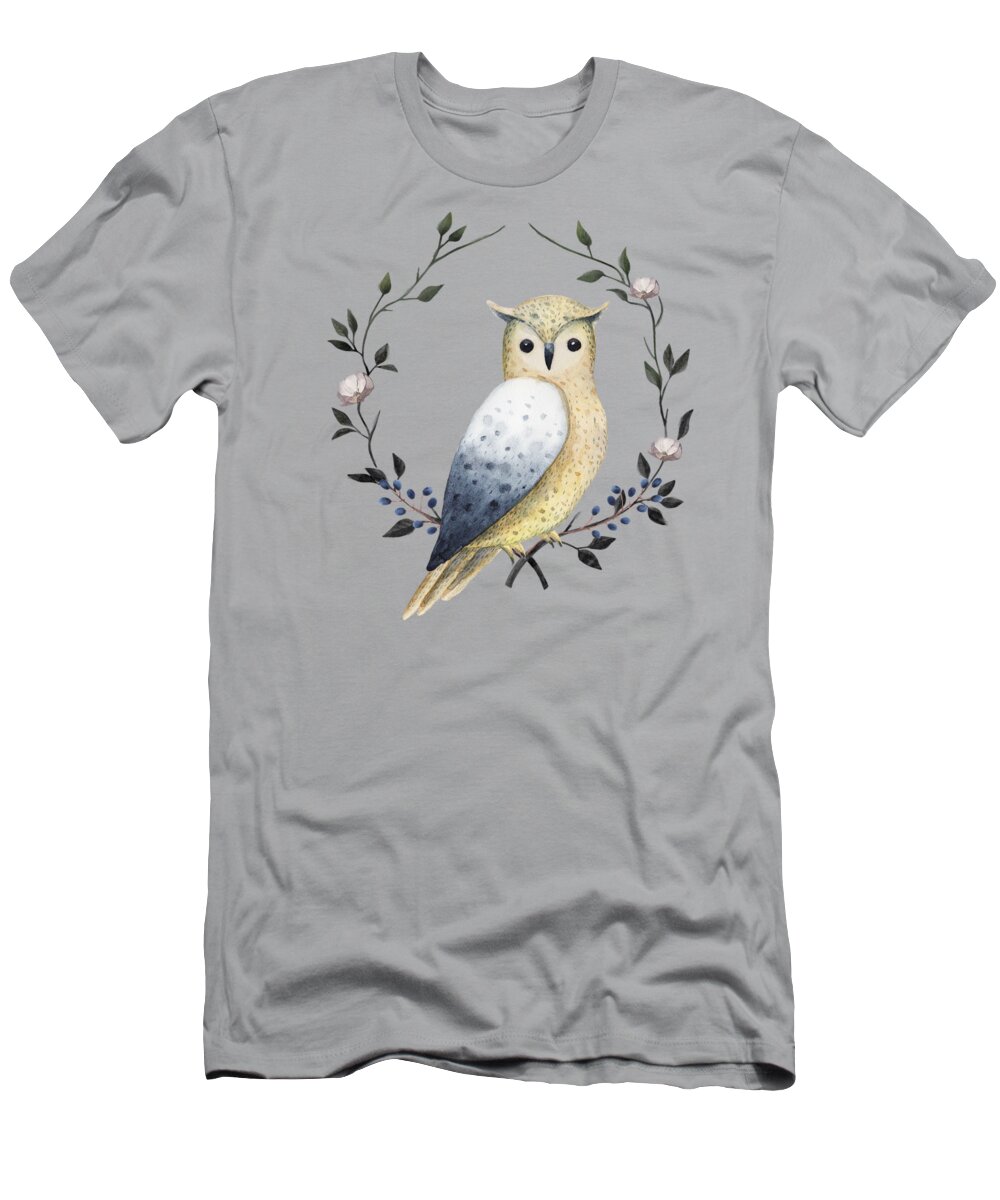 Painting T-Shirt featuring the painting Long Eared Owl On A Laurel by Little Bunny Sunshine