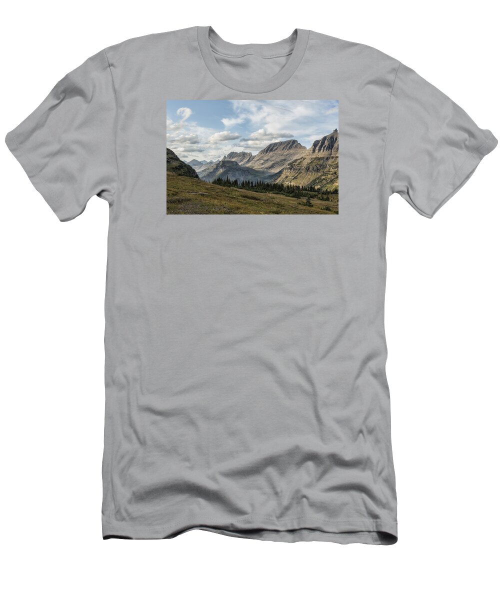 Bishops Cap T-Shirt featuring the photograph Looking Towards Bishops Cap and Mt Gould - Glacier NP by Belinda Greb