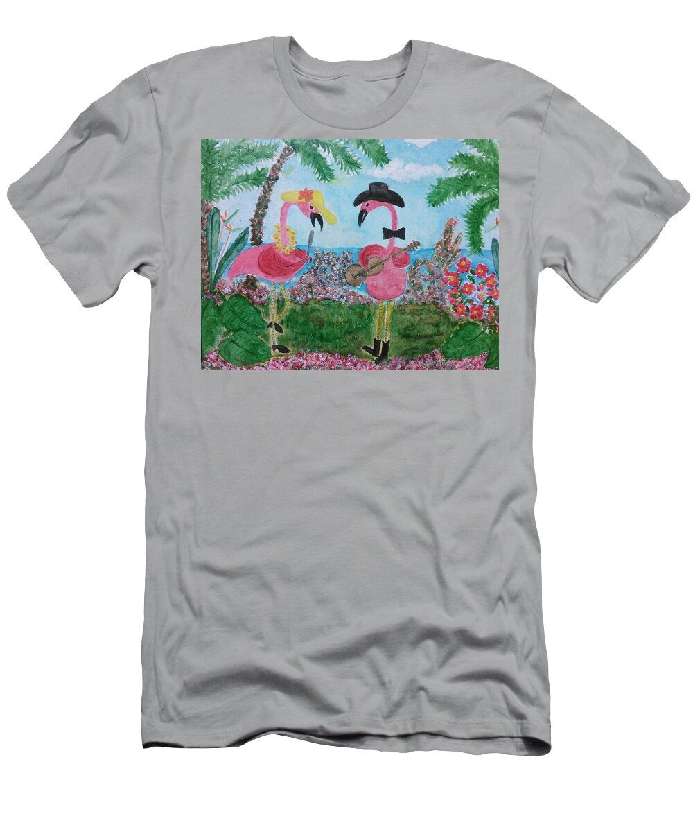 Flamingos T-Shirt featuring the painting Luau Flamingos by Susan Nielsen