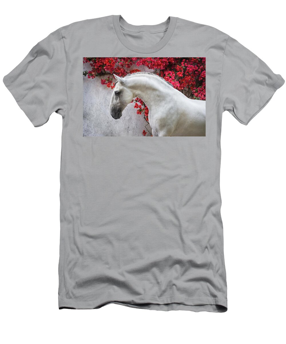Russian Artists New Wave T-Shirt featuring the photograph Lusitano Portrait in Red Flowers by Ekaterina Druz