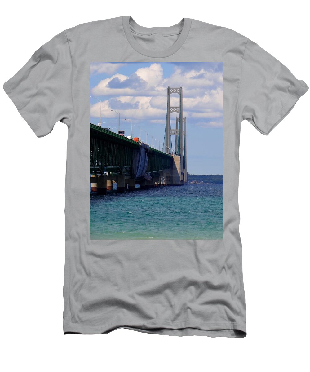 Mackinac Bridge T-Shirt featuring the photograph Mackinac Bridge at sixty eight by Keith Stokes