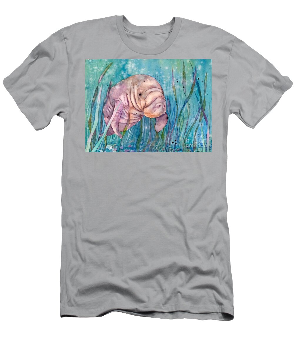 Manatee T-Shirt featuring the painting Manatee in the sea grass by Midge Pippel