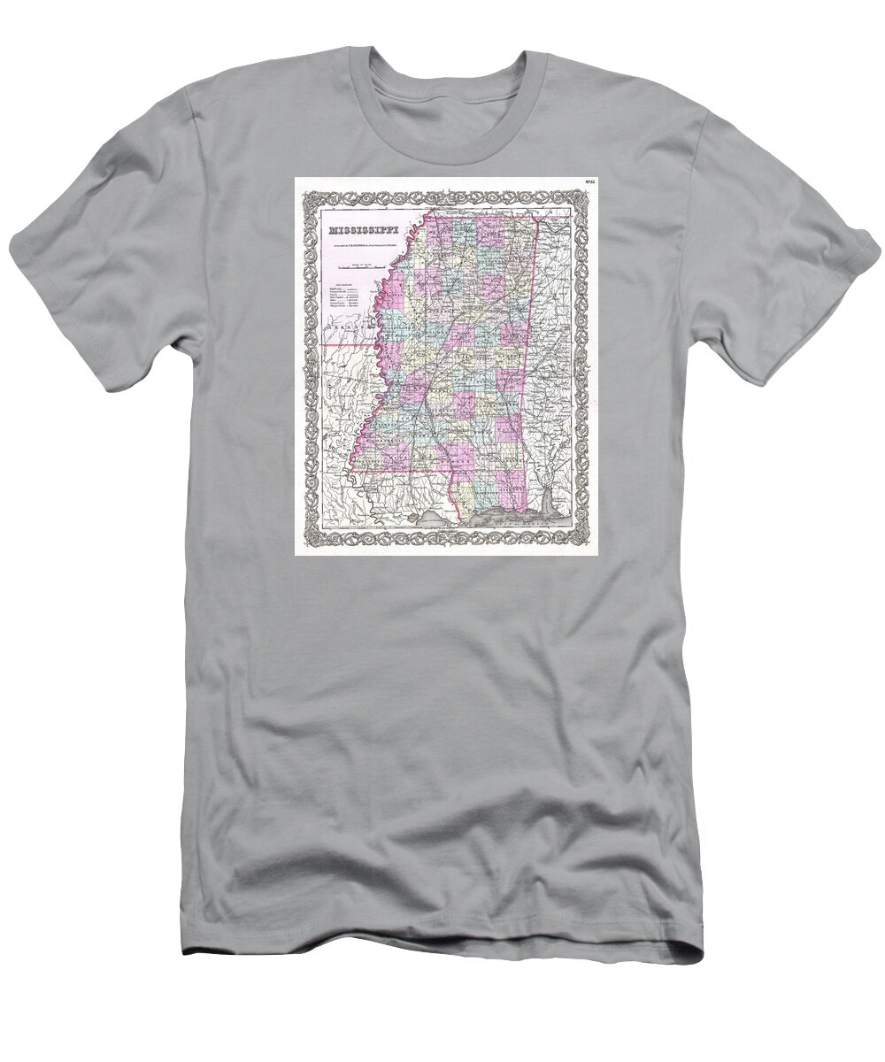 Joseph Hutchins Colton T-Shirt featuring the drawing Map of Mississippi by Joseph Hutchins Colton